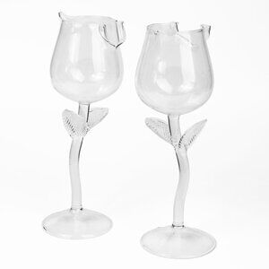 Hand Blown Rose Shaped Stem Wine / Cocktail Glasses - PAIR